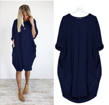 Dames Oversized Jurk Met Opgerolde Mouwen En Zakken – Lente, Zomer En Vroege Herfst
