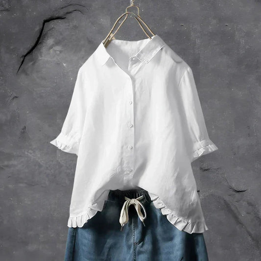 Blouse met rufflezoom en korte mouwen voor dames – luchtig katoen & ideaal voor zomer en voorjaar