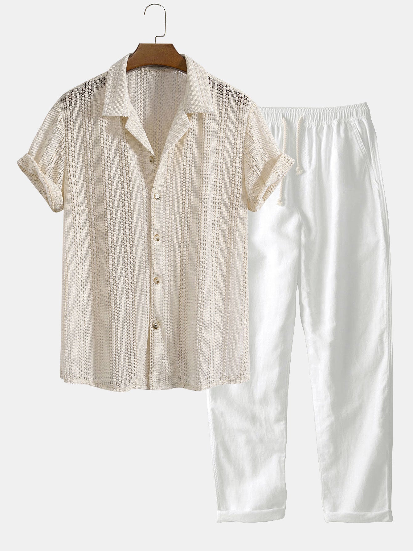 Zomerse heren set met opengewerkt overhemd en luchtige broek – ademend, relaxed & perfect voor vakantie