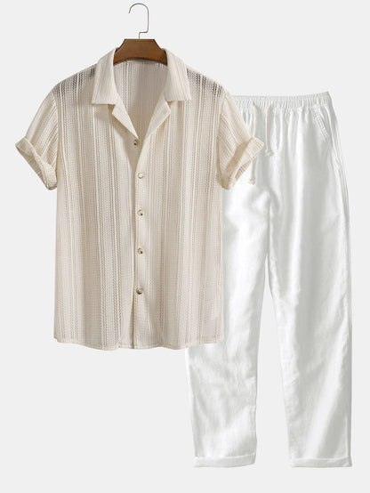Zomerse heren set met opengewerkt overhemd en luchtige broek – ademend, relaxed & perfect voor vakantie