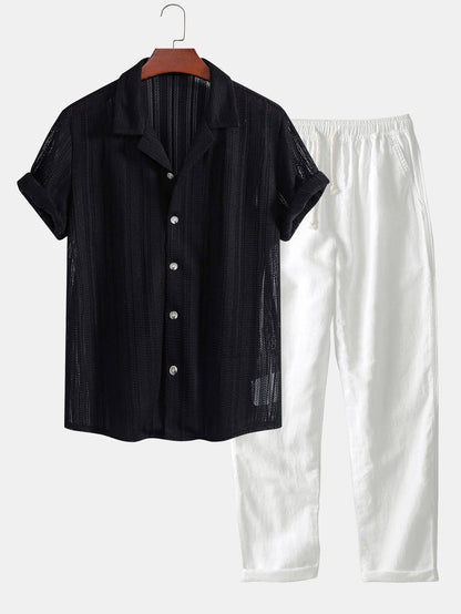Zomerse heren set met opengewerkt overhemd en luchtige broek – ademend, relaxed & perfect voor vakantie