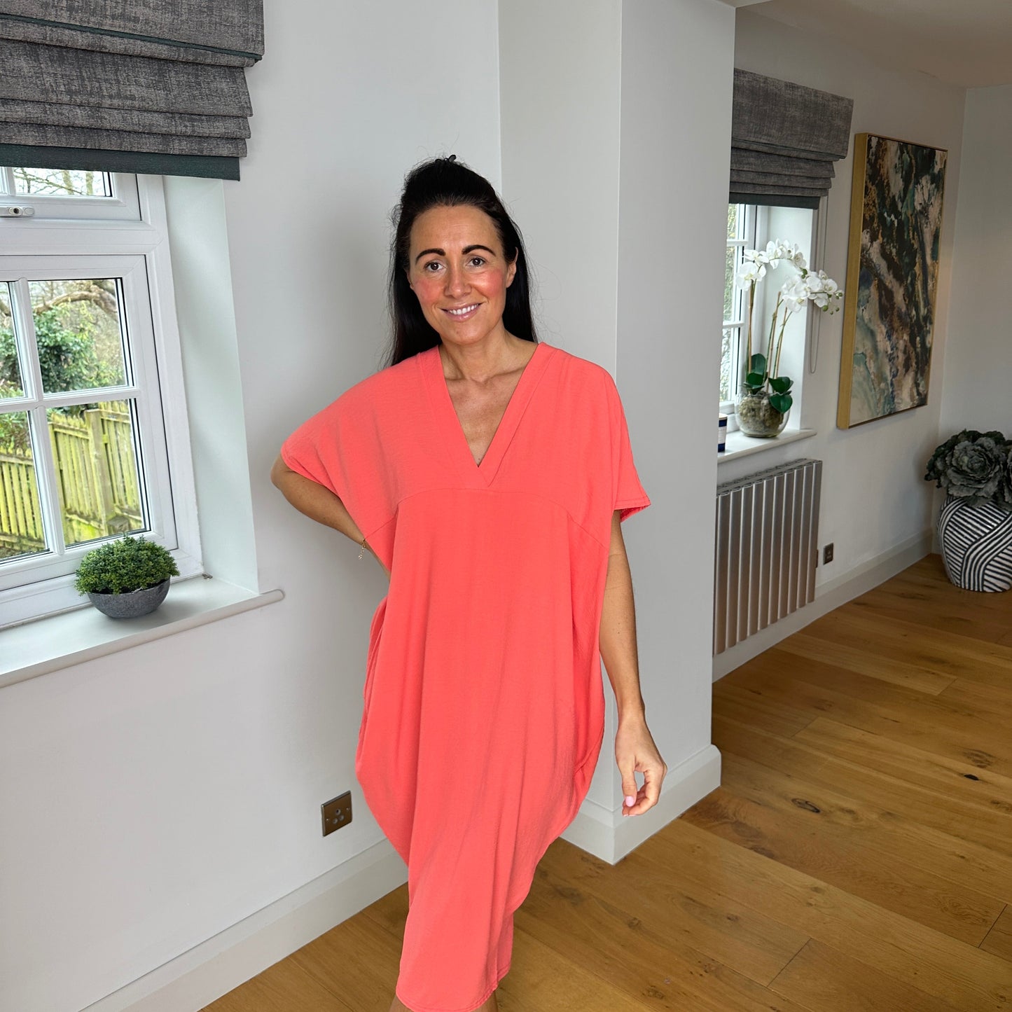 Dames Losvallende Midi-Jurk Met V-Hals En Korte Mouwen – Lente, Zomer En Casual Momenten