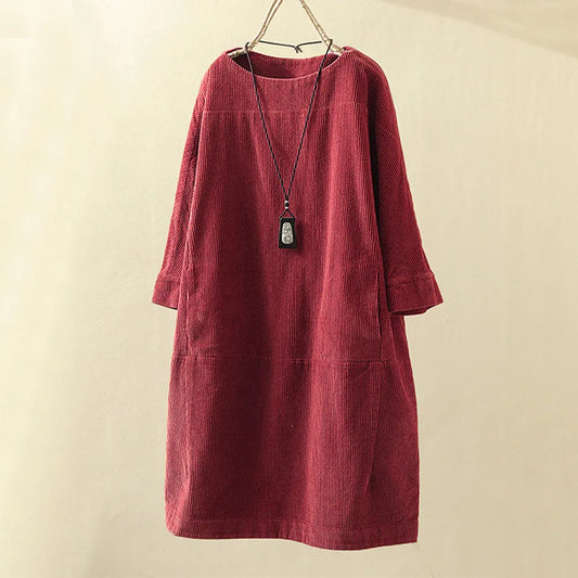 Loose Fit Corduroy Jurk Met Driekwartmouwen – Vintage Comfort Met Natuurlijke Flair