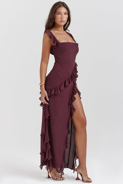 Elegante Asymmetrische Avondjurk Met Ruches En Hoge Split – Verfijnd En Verleidelijk