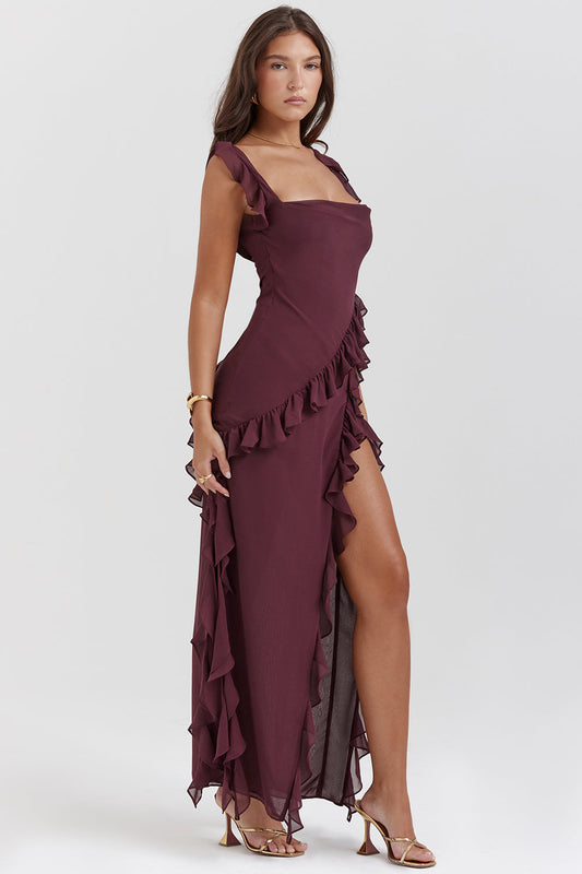 Elegante Asymmetrische Avondjurk Met Ruches En Hoge Split – Verfijnd En Verleidelijk