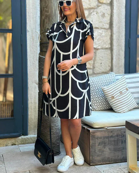 Dames Overhemdjurk Met Grafische Print En Korte Mouwen – Lente, Zomer En Nazomer