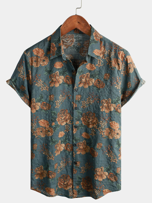 Heren Overhemd Met Korte Mouwen En Vintage Bloemenprint – Voorjaar En Zomer