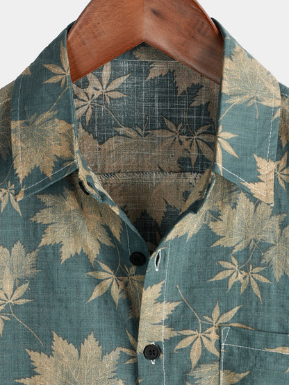 Heren Overhemd Met Bladerprint En Korte Mouwen – Lente, Zomer En Vroege Herfst