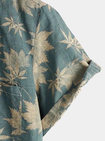 Heren Overhemd Met Bladerprint En Korte Mouwen – Lente, Zomer En Vroege Herfst