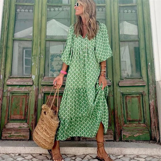 Lange Jurk Met Print En Ballonmouwen – Moeiteloze Elegantie Met Een Vleugje Boho