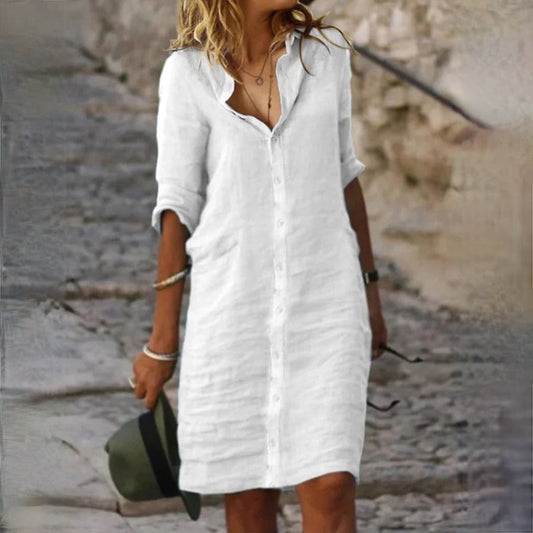 Dames Overhemdjurk Van Linnenlook Met Knoopsluiting – Lente, Zomer En Nazomer