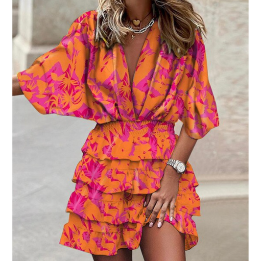 Luxe Dames Set Met Tropisch Dessin – Elegante Co-Ord Met Ruffles En Diepe V-Hals