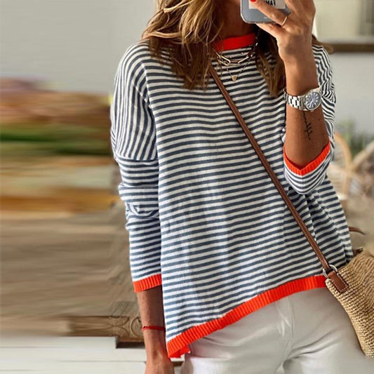 Dames Gestreepte Trui Met Oranje Accenten – Comfortabel, Stijlvol & Perfect Voor Lente, Zomer En Herfst