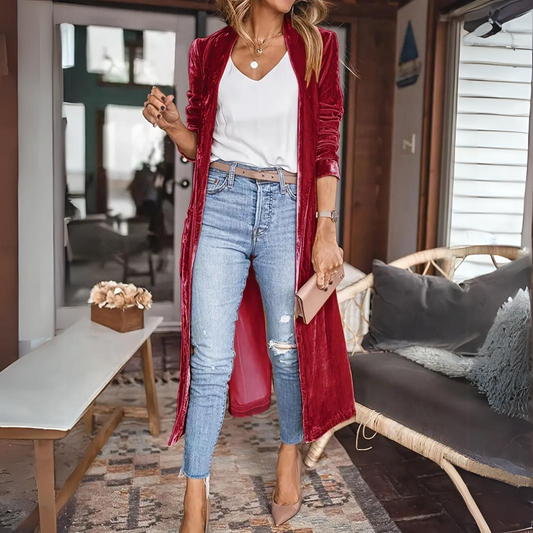 Lang Fluweel-Look Open Jasje – Chique Flair Met Een Casual Twist