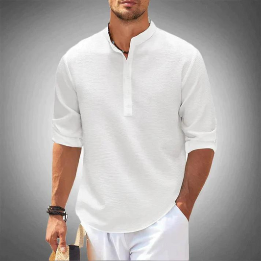 Luchtige heren zomerblouse met opstaande kraag – ademend, stijlvol & casual chic