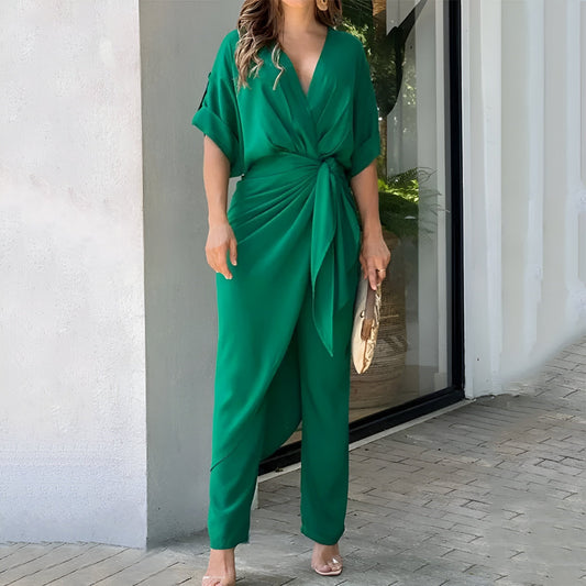 Chique Dames Two-Piece Set Met Wikkeltop En Wijde Broek – Elegant En Comfortabel