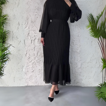 Elegante Plisséjurk Met Hoge Hals – Stijlvolle Lange Mouwen En Verfijnde Midi-Lengte