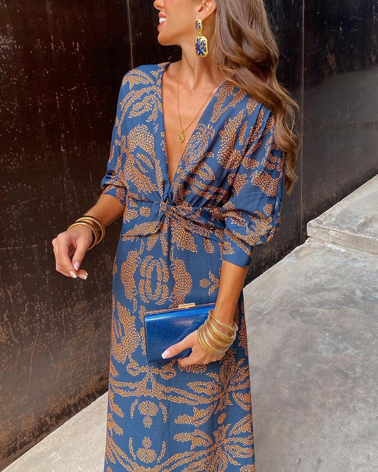 Dames Midi-Jurk Met Twistdetail En Grafisch Patroon – Lente, Zomer En Avondgelegenheden
