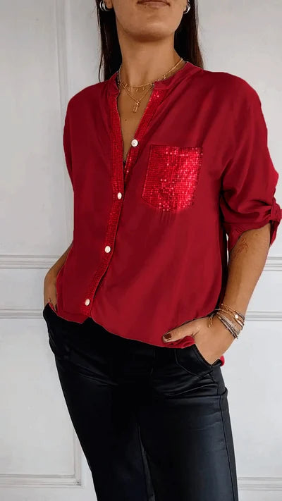 Chique Damesblouse – Losvallende Blouse Met Glinsterende Details En Knoopsluiting