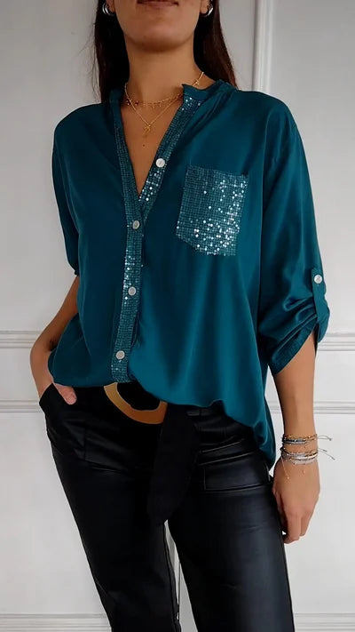 Chique Damesblouse – Losvallende Blouse Met Glinsterende Details En Knoopsluiting