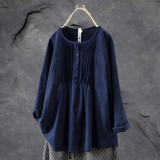 Dames Blouse Met Plooien, Ronde Hals En Knoopsluiting – Voorjaar, Zomer En Herfst