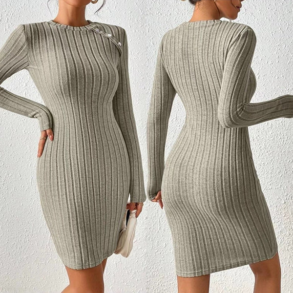 Dames Ribgebreide Bodycon Jurk Met Lange Mouwen En Ronde Hals – Voor Herfst, Winter En Lente