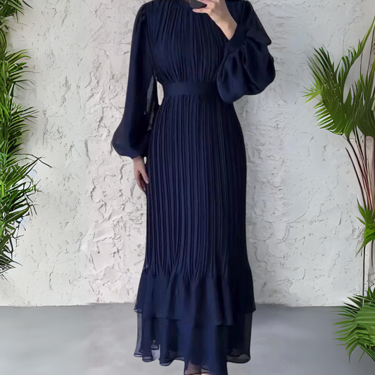 Elegante Plisséjurk Met Hoge Hals – Stijlvolle Lange Mouwen En Verfijnde Midi-Lengte