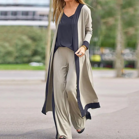 Driedelige Dames Set Met Lange Open Cardigan – Elegant En Comfortabel Voor Elke Dag