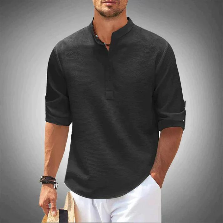 Luchtige heren zomerblouse met opstaande kraag – ademend, stijlvol & casual chic