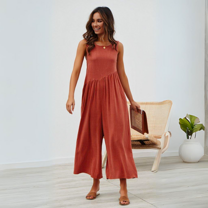 Mouwloze Midi Jumpsuit Met Wijde Pijpen En Zakken – Luchtig En Stijlvol Zomerstuk