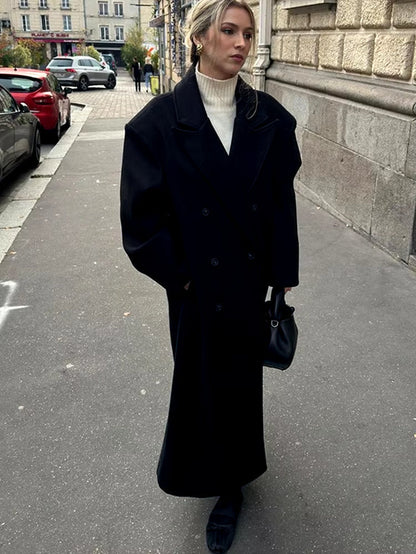 Oversized Damesjas Met Reverskraag – Lange Pasvorm, Dubbele Rij Knopen & Herfstlook