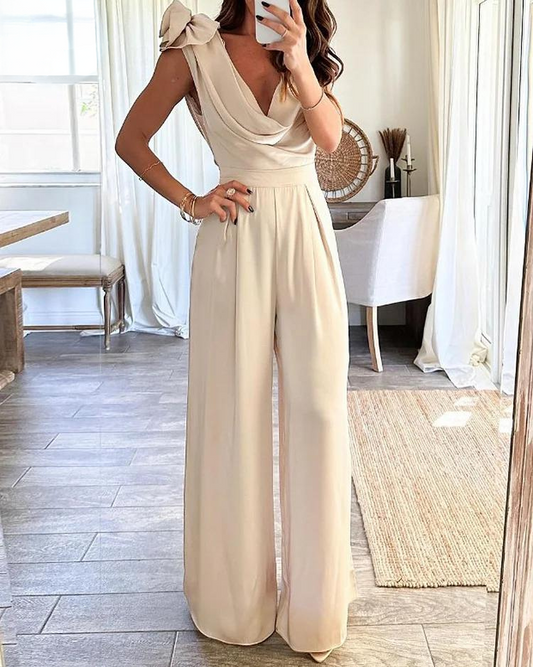 Elegante Dames Jumpsuit – Stijlvolle Wide Leg Jumpsuit Met Strikdetail En Open Schouder