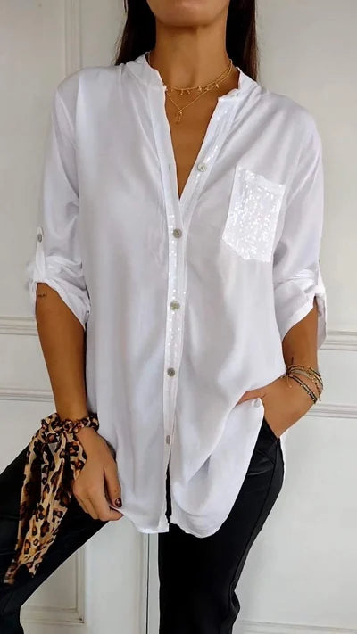 Chique Damesblouse – Losvallende Blouse Met Glinsterende Details En Knoopsluiting