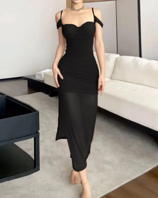 Mesh Bodyconjurk Met Off-Shoulder Bandjes En Semi-Transparante Rok – Verleidelijke Glamour Met Verfijnde Details