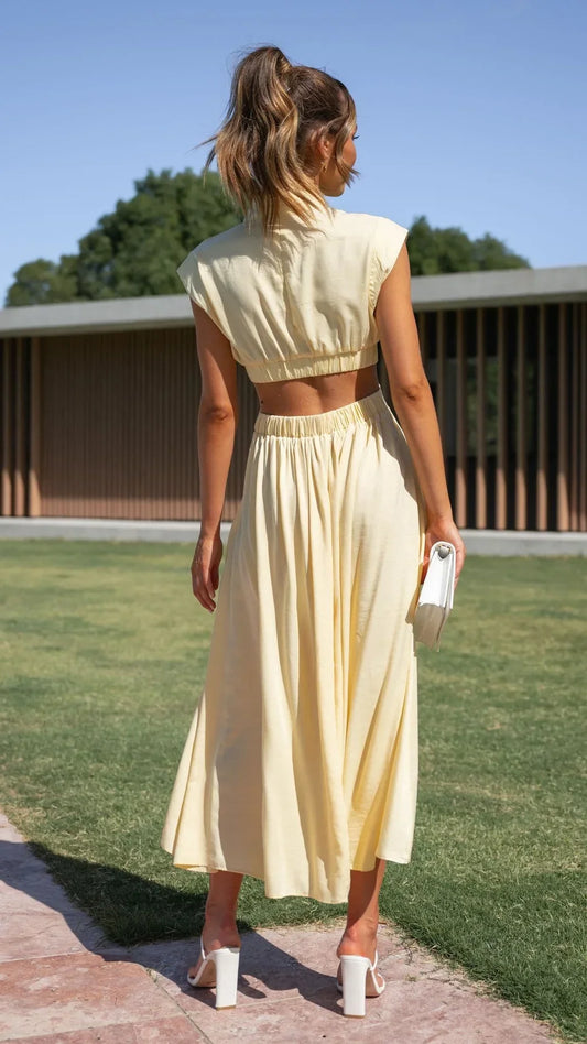 Dames Midi Cut-Out Jurk Met Hoge Hals En Geplooide Details – Lente, Zomer En Herfst