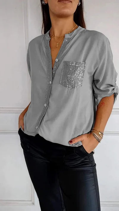 Chique Damesblouse – Losvallende Blouse Met Glinsterende Details En Knoopsluiting