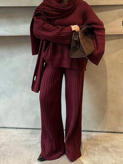 Gebreide Lounge Set Voor Dames – Zachte Ribstructuur, Flared Broek & Inclusief Sjaal – Herfst En Winter