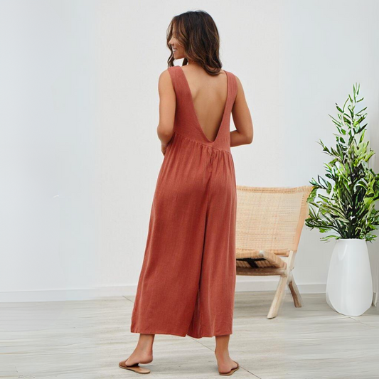 Mouwloze Midi Jumpsuit Met Wijde Pijpen En Zakken – Luchtig En Stijlvol Zomerstuk