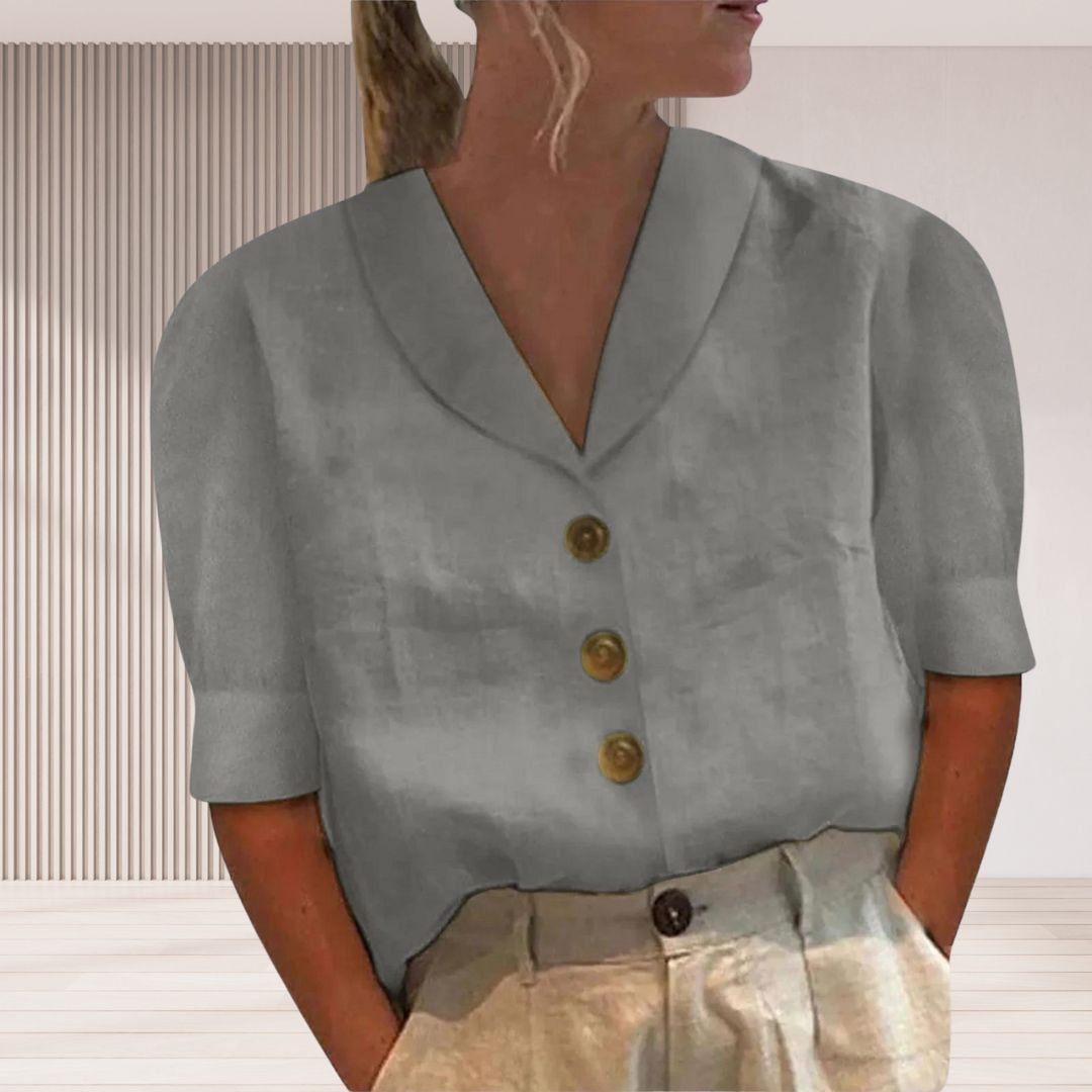 Dames Blouse Met Brede Kraag, Korte Mouwen En Knoopsluiting – Lente, Zomer En Vroege Herfst