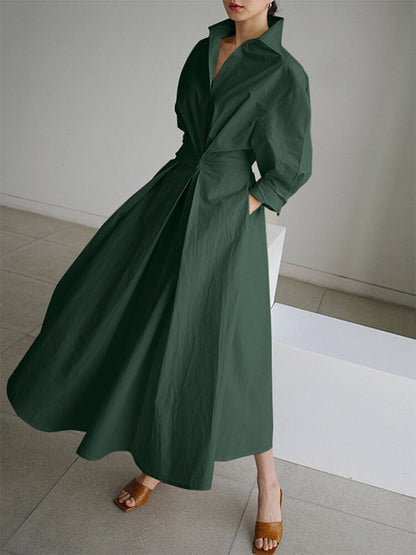 damesjurk met A-lijn en V-hals – luchtig katoen, taille-accent & midi lengte voor lente, zomer en herfst