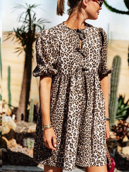 Dames Panterprint Jurk Met Pofmouwen En Strikdetails – Lente, Zomer En Vroege Herfst