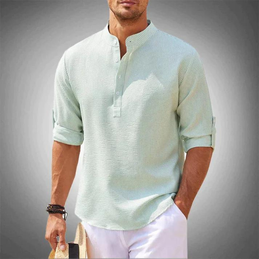 Luchtige heren zomerblouse met opstaande kraag – ademend, stijlvol & casual chic
