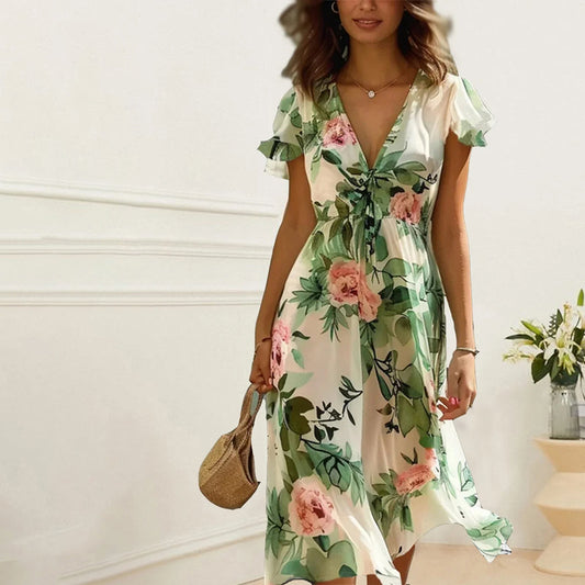 Dames Bloemenjurk Met V-Hals, Vlindermouwen En Taillelint – Lente, Zomer En Bruiloftseizoen