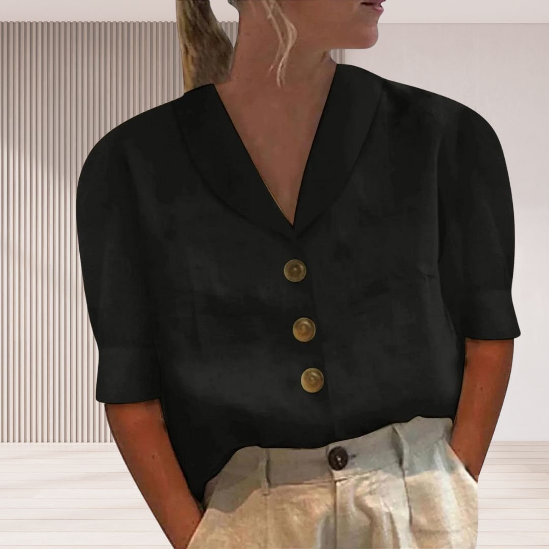 Dames Blouse Met Brede Kraag, Korte Mouwen En Knoopsluiting – Lente, Zomer En Vroege Herfst