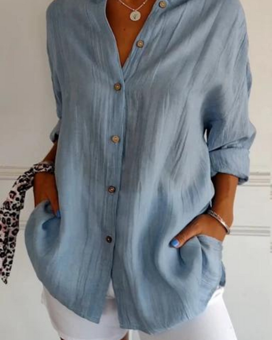 Lange Luchtige Damesblouse Met Knopen En Zakken – Casual En Stijlvol