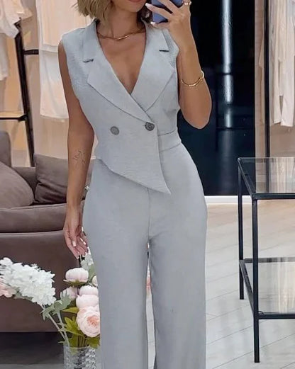 Mouwloze Dames Jumpsuit Met Reverskraag – Lente, Zomer En Herfst