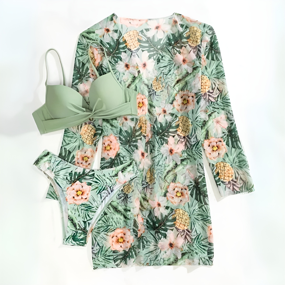 3-Delige Bikini Set Met Bloemenprint En Bijpassende Kimono – Stijlvolle Strandlook