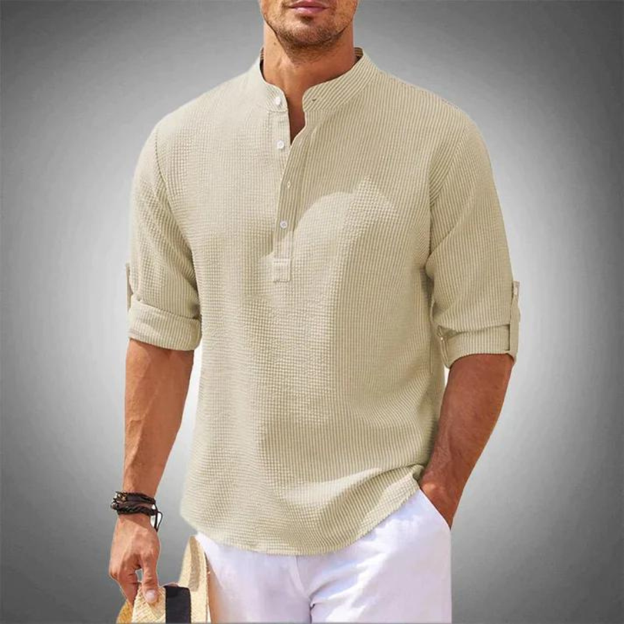 Luchtige heren zomerblouse met opstaande kraag – ademend, stijlvol & casual chic