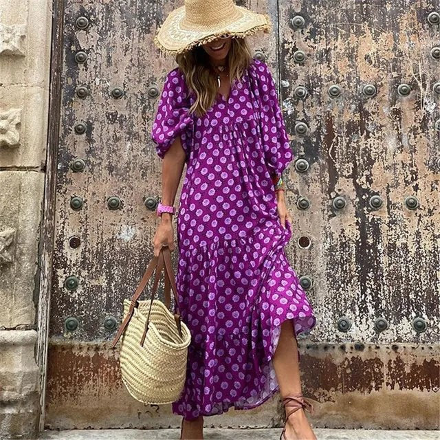 Lange Jurk Met Print En Ballonmouwen – Moeiteloze Elegantie Met Een Vleugje Boho