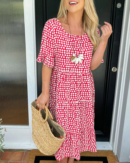 Dames Midi-Jurk Met Stippenprint En Ruches – Lente, Zomer En Vroege Herfst